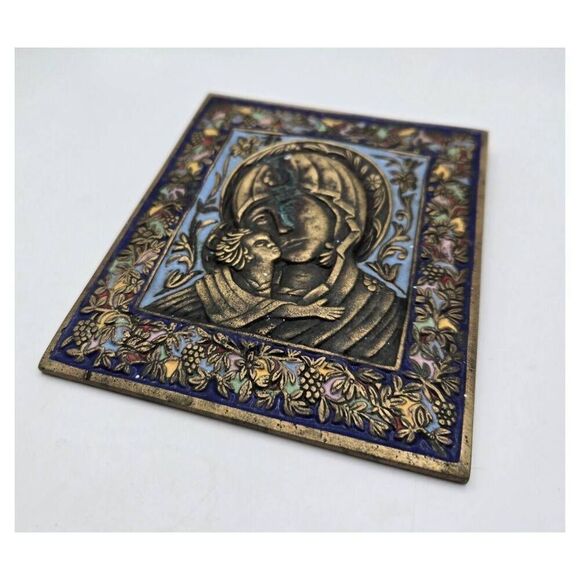 Antique 1800's Eastern Orthodox Enameled Bronze Mother of God Icon Wall Hanging - Picture 5 of 6